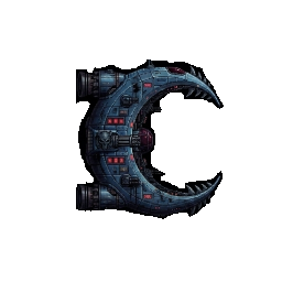 FOXFIRE Crescent Moon hull sprite — a crescent-shaped specialist ship bristling with side-mounted thrusters and red running lights, flown with fused lateral thrust